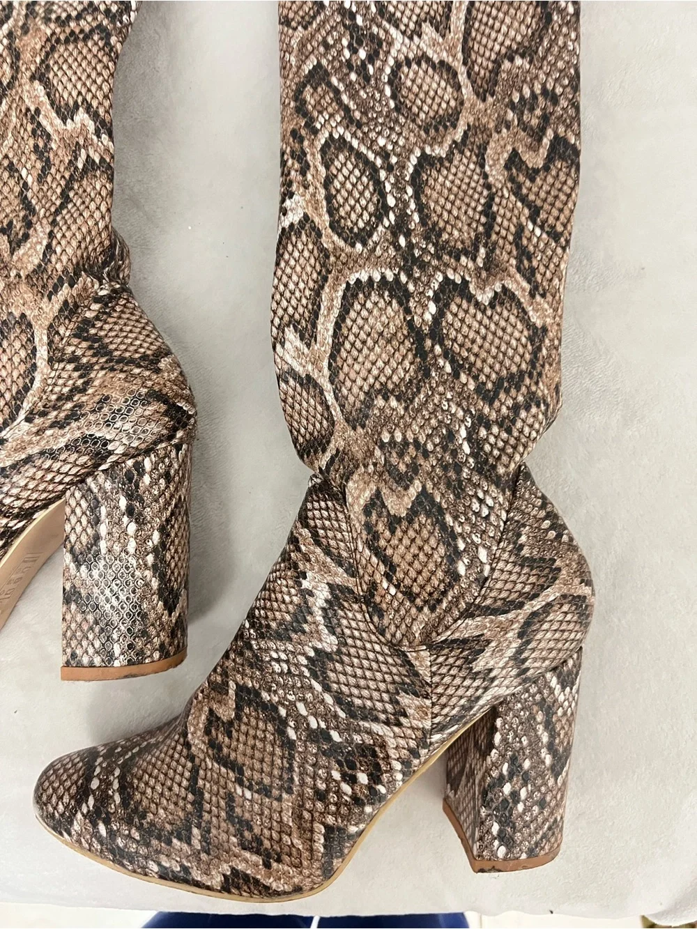 Snake Print Thigh High Block Heel Boots - Brown (read description)